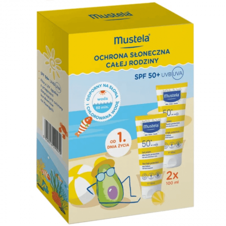 Косметичний набір Mustela Bébé водостійке молочко для засмаги з народження SPF 50+ 2х100мл Косметичний набір Mustela Bébé водостійке молочко для засмаги з народження SPF 50+ 2х100мл