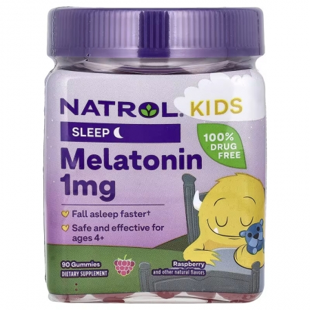 Natrol, Kids, жувальні таблетки з мелатоніном, для дітей від 4 років, малина, 1 мг, 90 жувальних мармеладок